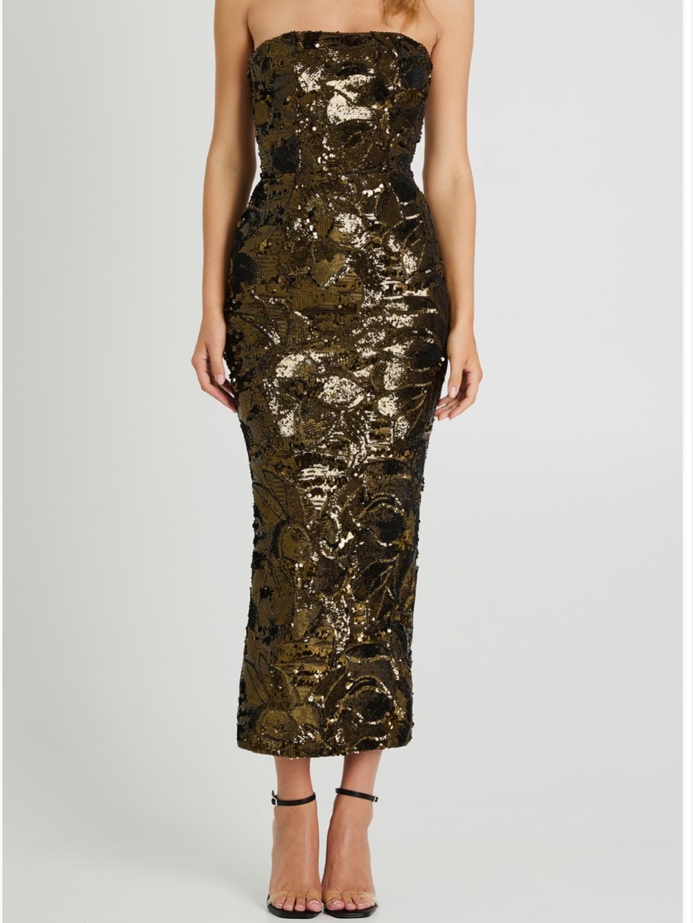 Strapless Sequin Midi Skirt in Olive